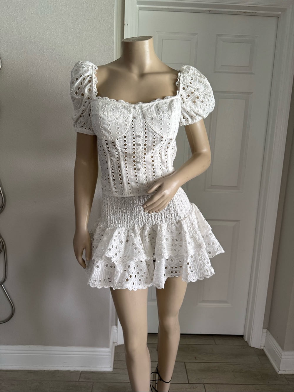 Charo Ruiz White Eyelet Puff-Sleeve Skirt Set